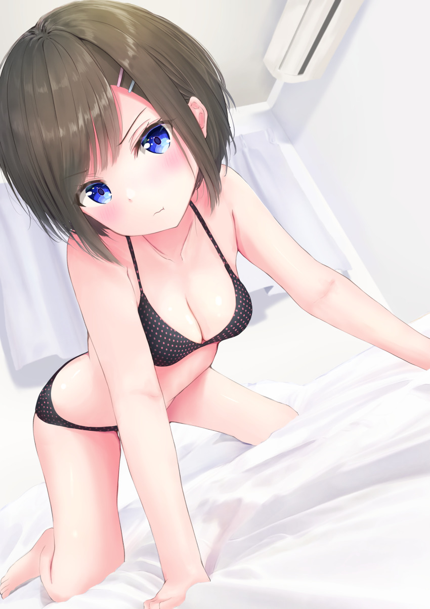 1girl, air_conditioner, annoyed, arisugawa_riu, barefoot, bed, bed_sheet, bedroom