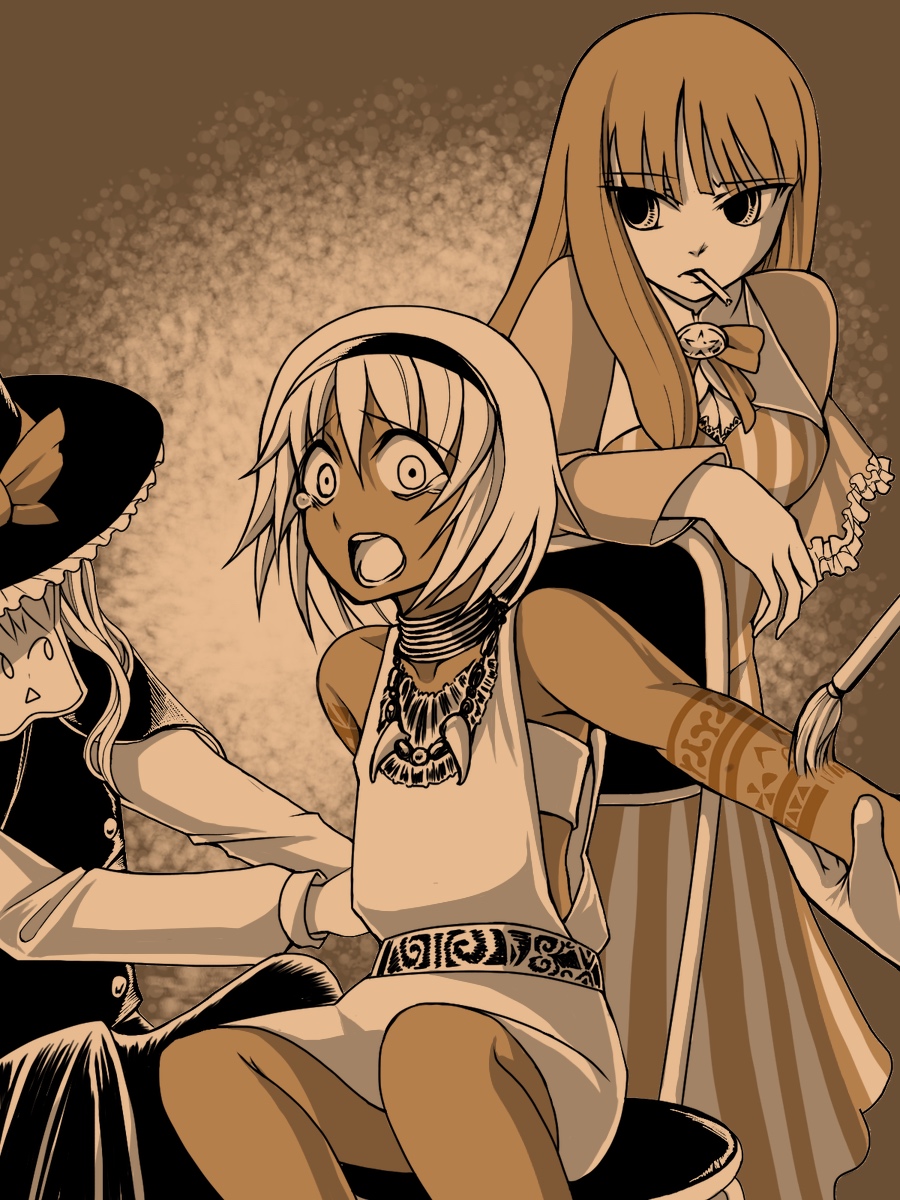 1boy, 2girls, arm_tattoo, asatsuki_(cookie), aztec, bodypaint, breasts, chair, cigarette, cleavage, commentary_request, cookie_(touhou), dress, feet_out_of_frame, hair_between_eyes, hat, hazuna_rio, highres, jewelry, kirisame_marisa, konpaku_youmu, long_hair, long_sleeves, looking_at_another, looking_to_the_side, multiple_girls, necklace, open_mouth, paintbrush, patchouli_knowledge, restrained, sarashi, sepia, short_hair, sitting, sleeveless, sleeveless_dress, smoking, striped_clothes, striped_dress, taisa_(cookie), tattoo, tearing_up, tooth_necklace, touhou, tsuno_(nicoseiga11206720), vertical-striped_clothes, vertical-striped_dress, witch_hat