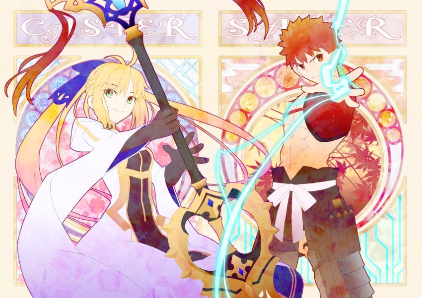 1boy, 1girl, ahoge, artoria_caster_(fate), artoria_caster_(final_ascension)_(fate), artoria_caster_(third_ascension)_(fate), artoria_pendragon_(fate), blonde_hair, emiya_shirou, fate/grand_order, fate_(series), gloves, green_eyes, hair_ribbon, highres, holding, holding_weapon, limited/zero_over, looking_at_viewer, mosucchi, orange_eyes, orange_hair, outstretched_hand, ribbon, senji_muramasa_(fate), smile, upper_body, weapon, wide_sleeves