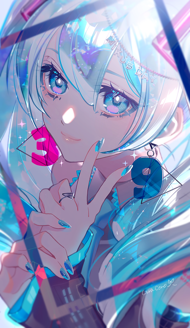 1girl, 39, aqua_nails, artist_name, backlighting, bare_shoulders, blue_eyes, blue_hair, blue_nails, blue_theme, blurry, caracoro, chain, character_name, close-up, closed_mouth, depth_of_field, detached_sleeves, earrings, eye_focus, eyelashes, eyes_visible_through_hair, finger_to_face, fingernails, glitter, hair_between_eyes, hands_up, happy, hatsune_miku, jewelry, light_particles, light_smile, lips, long_eyelashes, long_hair, looking_at_viewer, nail_art, nail_polish, number_earrings, own_hands_together, ring, shirt, sleeveless, sleeveless_shirt, solo, sparkle, tareme, triangle_earrings, twintails, upper_body, vocaloid