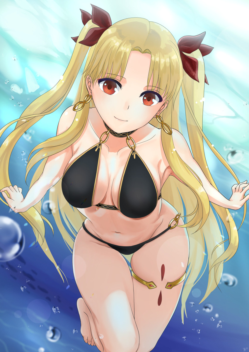 1girl, barefoot, bikini, black_bikini, blonde_hair, bow, breasts, cleavage