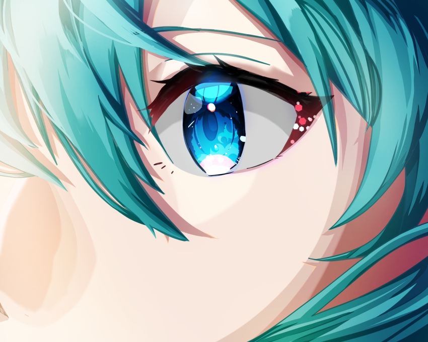 1girl, aqua_hair, blue_eyes, close-up, commentary_request, eye_focus, eyelashes, facing_viewer