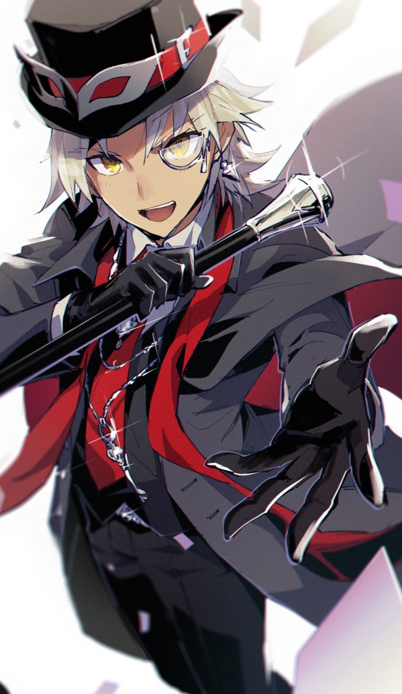 1boy, amakusa_shirou_(fate), amakusa_shirou_(phantom_thief)_(fate), black_gloves, blurry, cane, dark-skinned_male, dark_skin