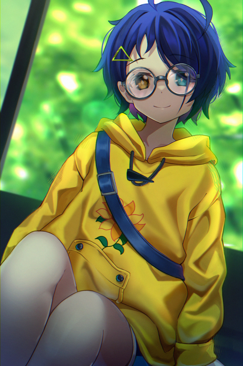 1girl, ahoge, bag, baggy_clothes, bespectacled, black-framed_eyewear, blue_eyes, blue_hair