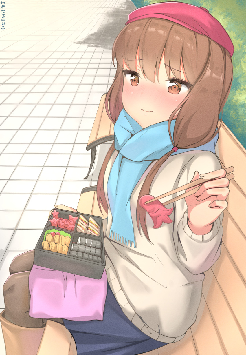 1girl, absurdres, bench, bento, blue_scarf, blush, brown_eyes, brown_hair