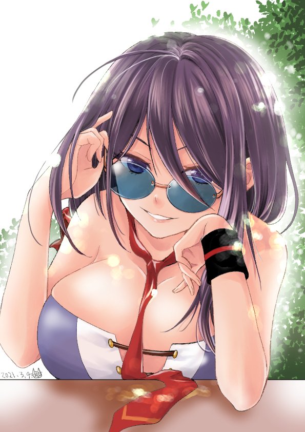 1girl, adjusting_eyewear, adjusting_glasses, ariake_(kancolle), ariake_(swimsuit)_(kancolle), between_breasts, bikini, blue-tinted_eyewear