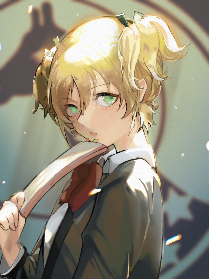 1girl, absurdres, blonde_hair, blurry, blurry_background, bow, bowtie, closed_mouth