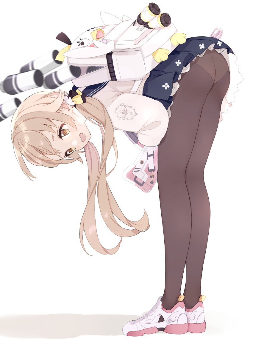 absurdres, assault_rifle, backpack, bag, bent_over, blue_archive, brown_hair, commentary_request