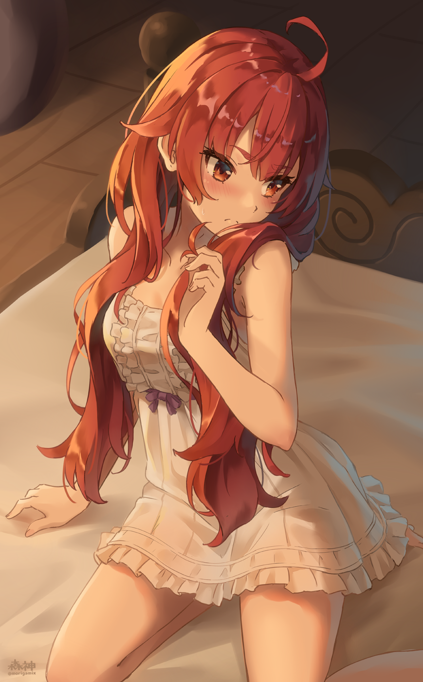 1girl, ahoge, bed, blush, breasts, closed_mouth, collarbone, commentary_request, dress, eris_greyrat, frilled_dress, frills, highres, indoors, long_hair, looking_away, looking_to_the_side, morigami_(morigami_no_yashiro), mushoku_tensei, nightgown, on_bed, red_eyes, red_hair, sleepwear, sleeveless, sleeveless_dress, small_breasts, solo, sweat, sweatdrop, thick_eyebrows, white_dress