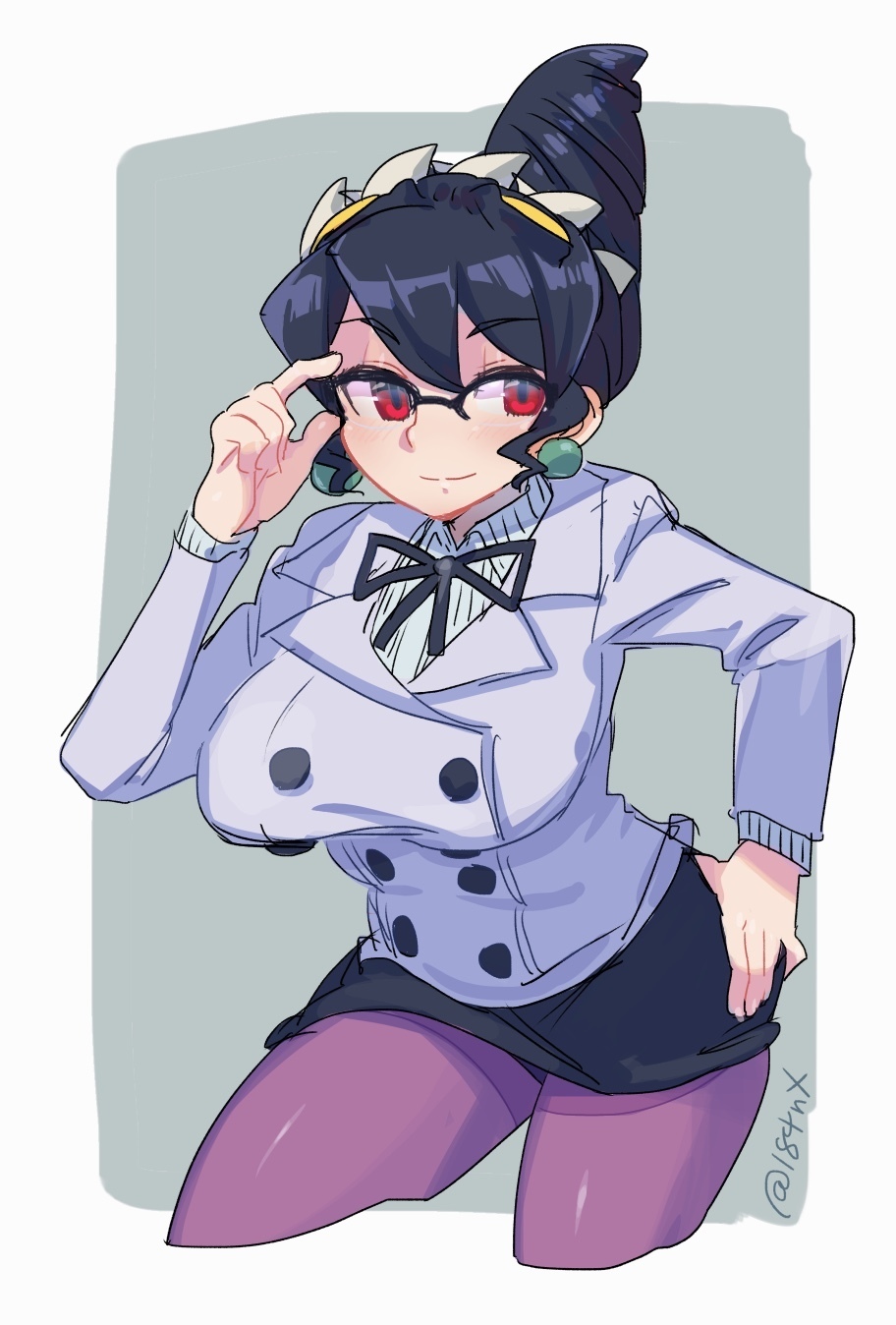 184nx, 1girl, adjusting_eyewear, alternate_costume, alternate_hairstyle, beehive_hairdo, black_hair, blouse, cosplay, earrings, filia_(skullgirls), glasses, green_background, hand_on_own_hip, highres, jewelry, mrs._victoria_(skullgirls), mrs._victoria_(skullgirls)_(cosplay), red_eyes, samson_(skullgirls), sharp_teeth, shirt, skirt, skullgirls, slit_pupils, smile, teeth, thighhighs, white_shirt, yellow_eyes