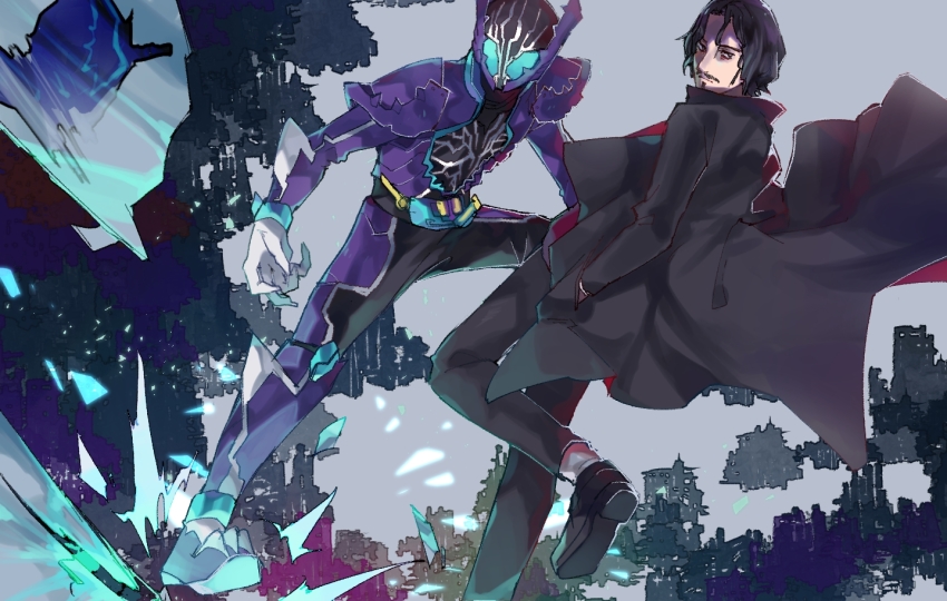 1boy, armor, belt, black_coat, black_footwear, black_hair, blank_eyes, blue_eyes