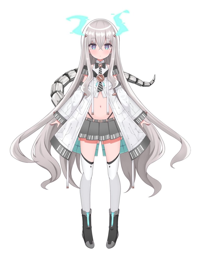 1girl, hair_between_eyes, highres, ibuki_meno, long_hair, mechanical_tail, prism_project, purple_eyes, silver_hair, simple_background, siragagaga, tail, virtual_youtuber, white_background, white_legwear