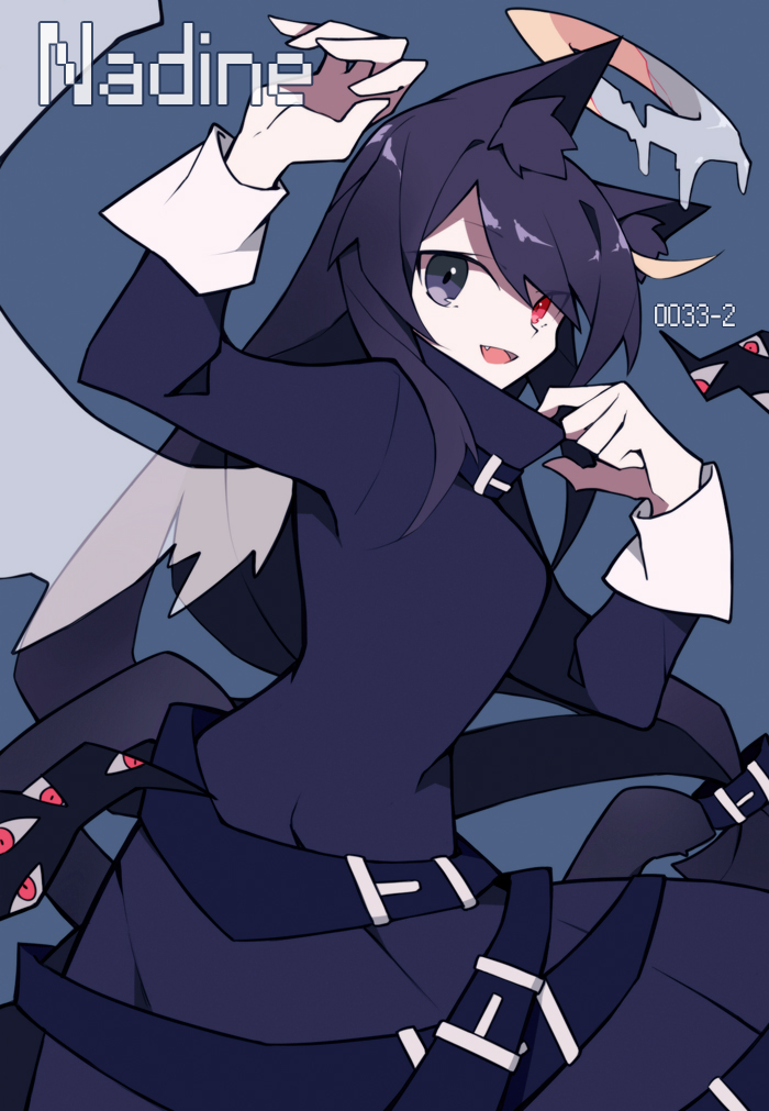 1girl, adjusting_clothes, animal_ears, bad_id, bad_pixiv_id, belt, black_dress, black_eyes, black_hair, blonde_hair, blue_background, cat_ears, cat_girl, character_name, chlomaki, dress, eyes_visible_through_hair, fang, funamusea, halo, long_sleeves, melting, multicolored_hair, nadine_(mogeko), oounabara_to_wadanohara, red_eyes, sidelocks, simple_background, smile, solo, transparent_wings, two-tone_hair, wings, yu_gu_mao