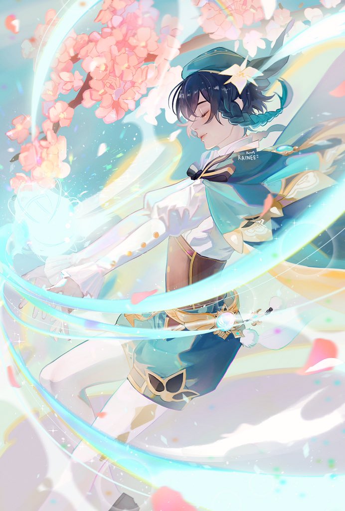 1boy, black_hair, blue_hair, bow, braid, branch, cape, cherry_blossoms