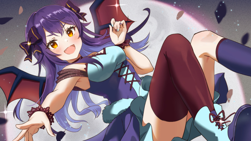 1girl, asymmetrical_legwear, bat_girl, bat_wings, black_bow, black_nails, blue_hair, blue_nails