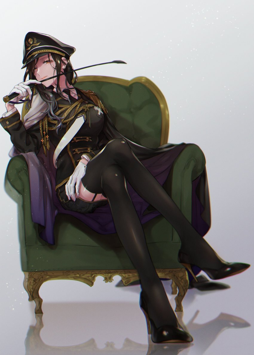 1girl, absurdres, black_hair, black_legwear, breasts, crossed_legs, gloves, hat