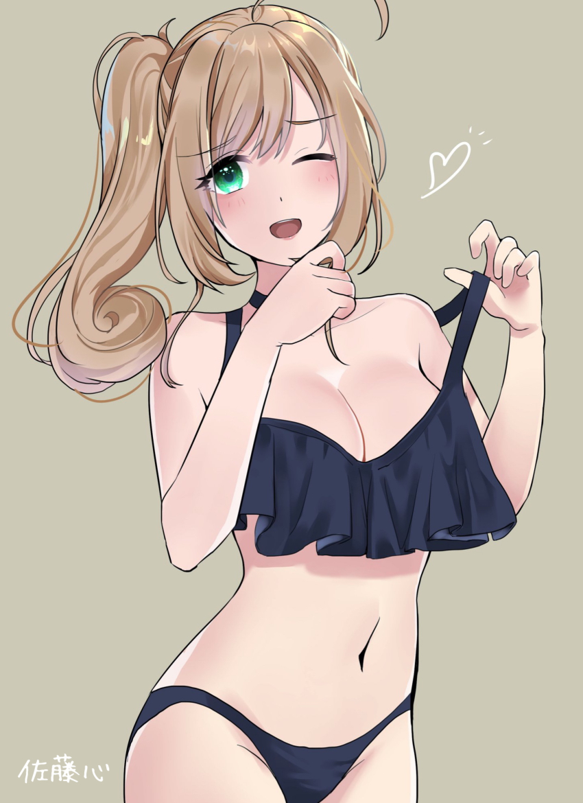1girl, bikini, black_choker, blonde_hair, blue_bikini, blush, breasts, choker, cleavage, clothes_pull, feet_out_of_frame, female_focus, frilled_swimsuit, frills, green_eyes, hair_ribbon, hand_up, highres, idolmaster, idolmaster_cinderella_girls, kia_(53y), long_hair, looking_at_viewer, medium_breasts, navel, one-piece_swimsuit_pull, one_eye_closed, open_mouth, ribbon, sato_shin, simple_background, solo, swimsuit