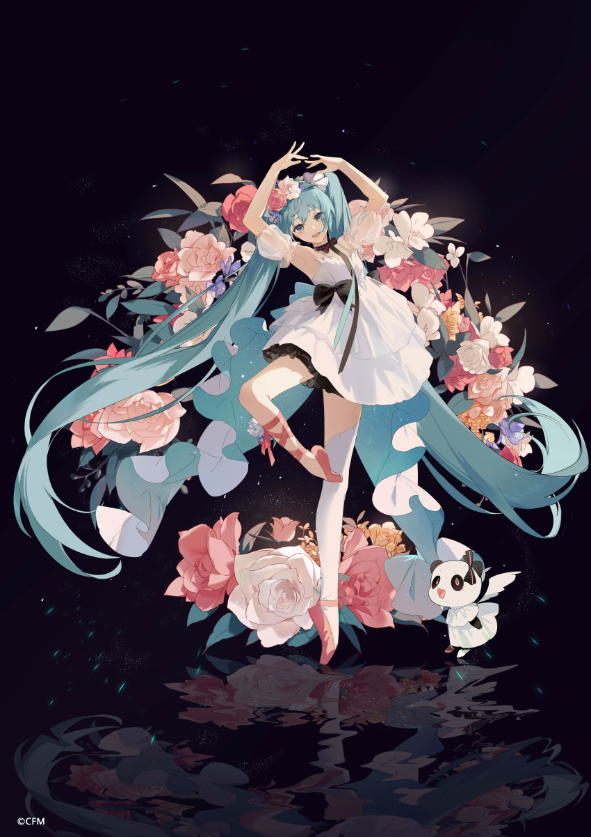 1girl, absurdres, animal, armpits, arms_up, bad_id, bad_pixiv_id, ballet, ballet_slippers, bare_shoulders, blue_eyes, blue_hair, clothed_animal, commentary, copyright_notice, detached_sleeves, dress, flower, hair_between_eyes, hair_flower, hair_ornament, hatsune_miku, hatsune_miku_(miku_with_you_2019), head_tilt, highres, long_hair, miku_with_you_(vocaloid), official_art, panda, pink_flower, pink_rose, pink_shoes, puffy_short_sleeves, puffy_sleeves, reflection, rose, see-through_clothes, see-through_sleeves, shoes, short_sleeves, single_thighhigh, sleeveless, sleeveless_dress, solo, standing, standing_on_one_leg, thighhighs, tiptoes, twintails, very_long_hair, vocaloid, white_dress, white_flower, white_rose, white_thighhighs, zhibuji_loom