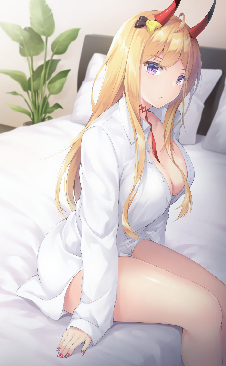 1girl, ahoge, azur_lane, bare_legs, bed, blonde_hair, bow, breasts
