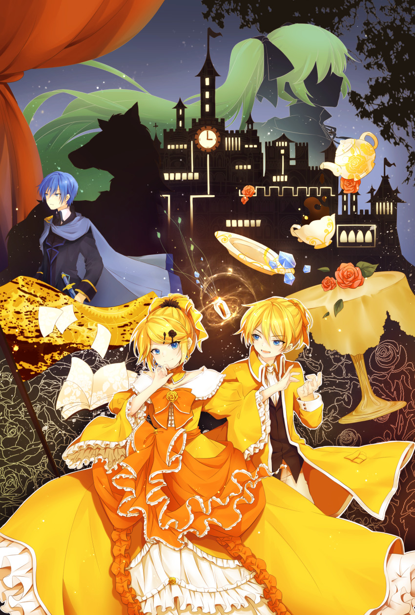 2boys, 2girls, absurdres, aku_no_meshitsukai_(vocaloid), aku_no_musume_(vocaloid), allen_avadonia, ascot, blonde_hair