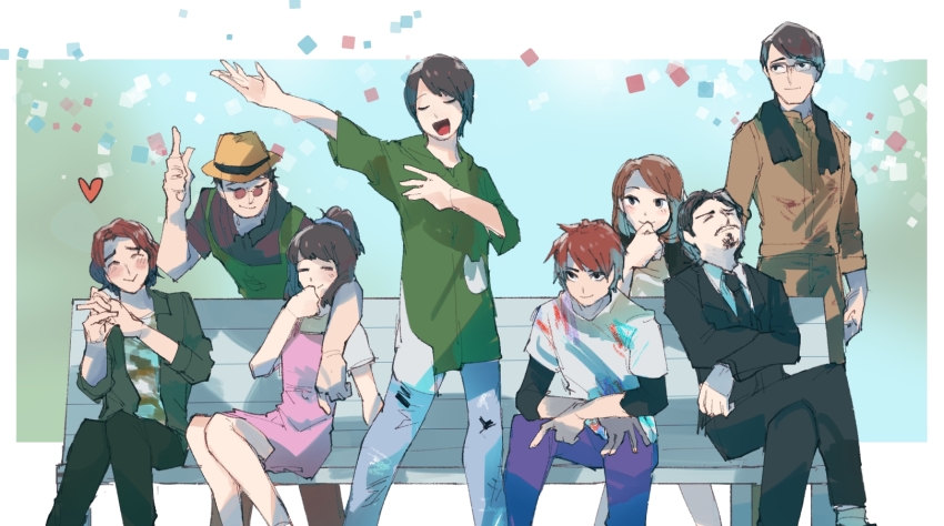 2girls, 6+boys, apron, arm_around_neck, arm_up, banjou_ryuuga, bench, black_eyes