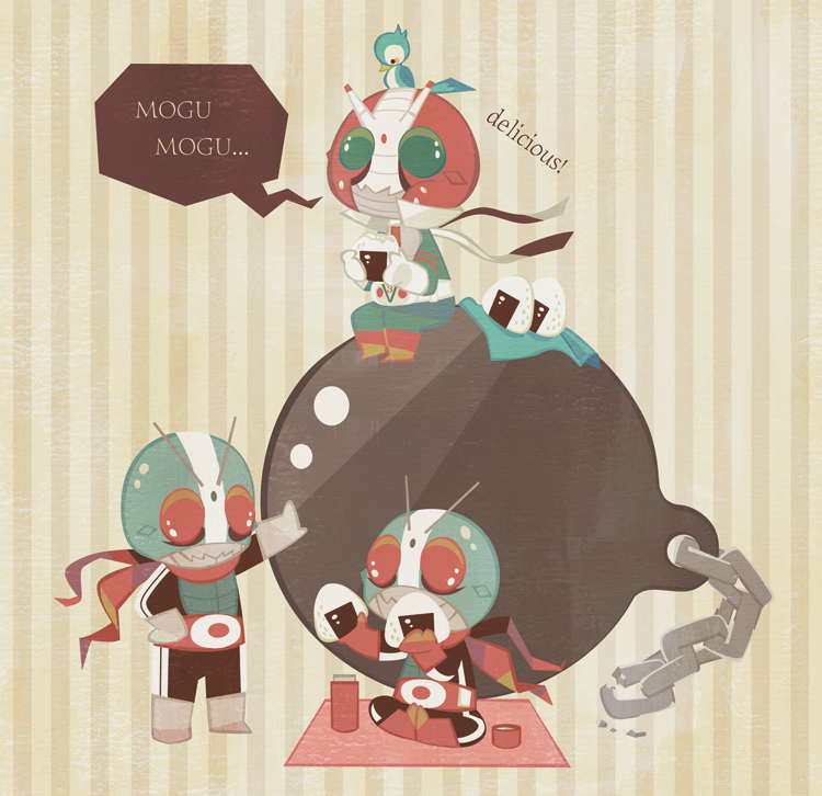 3boys, antennae, ball_and_chain_restraint, belt, chibi, eating, food, kamen_rider, kamen_rider_1, kamen_rider_2, kamen_rider_v3, kamen_rider_v3_(series), male_focus, multiple_boys, nekomaru_(noyado), nk_(pixiv405446), onigiri, scarf, speech_bubble