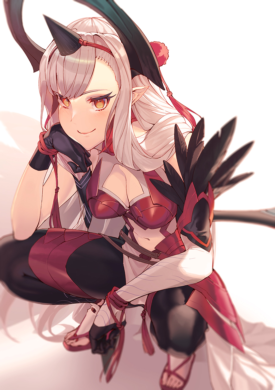 1girl, armor, armored_dress, bare_shoulders, black_gloves, blush, breasts, cleavage