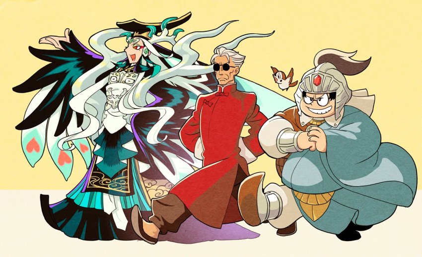 3boys, androgynous, aqua_hair, azuma_toh, baggy_pants, bird, blue_hair, chibi