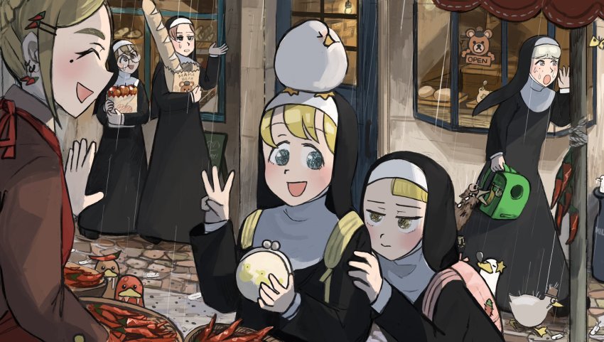 6+girls, :d, ^_^, animal, animal_on_head, apple, apron, backpack