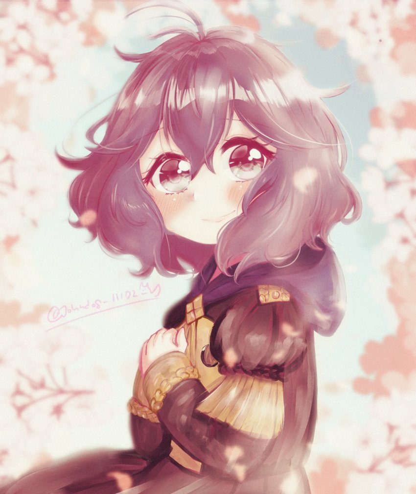 1girl, bernadetta_von_varley, blush, closed_mouth, commentary_request, fire_emblem, fire_emblem:_three_houses, flower, garreg_mach_monastery_uniform, grey_eyes, highres, hood, hood_down, johndog_111d2, long_sleeves, messy_hair, nintendo, purple_hair, short_hair, smile, solo, twitter_username