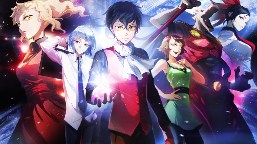 3boys, 3girls, androssi_zahard, black_hair, blue_eyes, blue_hair, blue_neckwear, brown_hair, collared_shirt, curly_hair, dress, eyelashes, freckles, ha_yuri_zahard, hand_on_own_hip, horns, khun_aguero_agnis, multiple_boys, multiple_girls, necktie, official_art, orange_eyes, parted_lips, ponytail, rachel_(tower_of_god), rak_wraithraiser, red_dress, red_eyes, red_neckwear, shirt, single_horn, skirt, smile, tower_of_god, twenty-fifth_bam, vest, waistcoat, yellow_eyes, yon_(yonana)