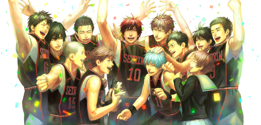 1girl, 6+boys, aida_riko, baby_animal, basketball_uniform, blue_hair, brown_hair, confetti