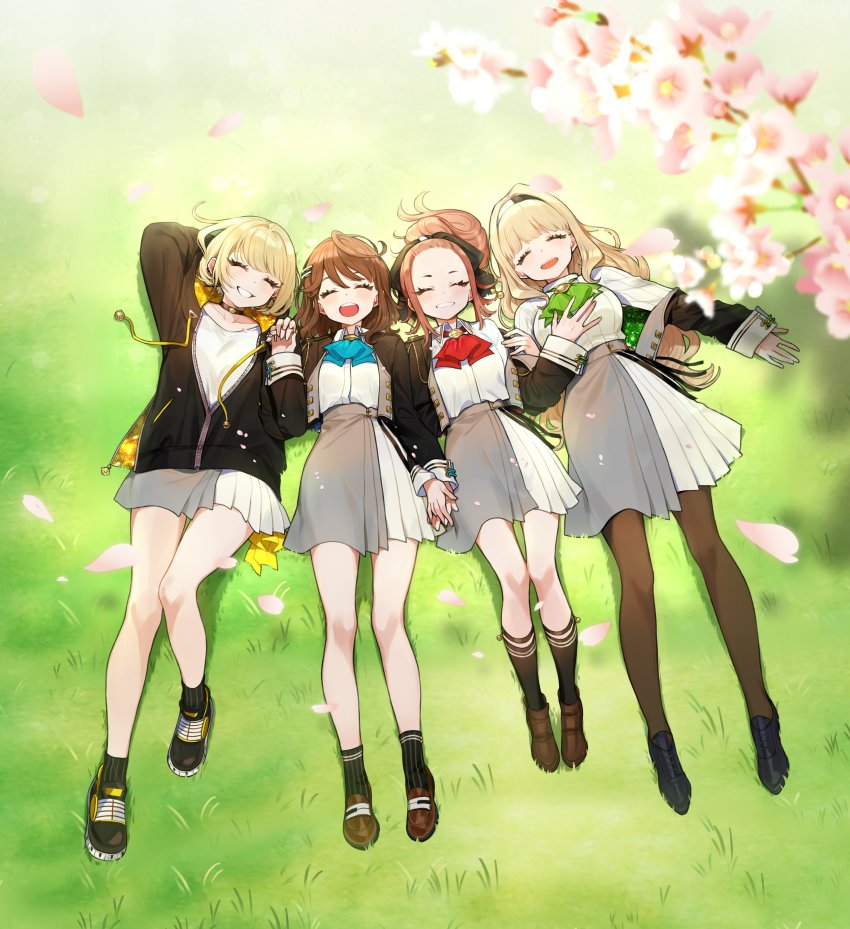 4girls, ^_^, absurdres, ahoge, blonde_hair, blouse, blue_neckerchief, blurry