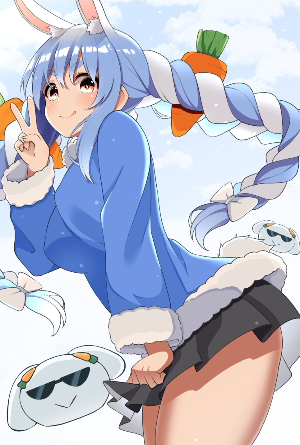 1girl, alternate_costume, animal_ear_fluff, animal_ears, bare_legs, black_skirt, blue_hair, blue_sky
