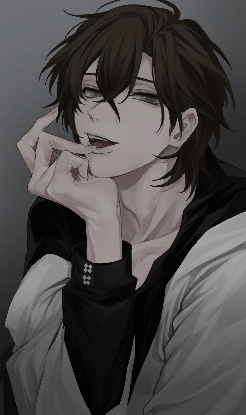 1boy, arm_support, bad_id, bad_pawoo_id, black_shirt, brown_hair, fingernails, green_eyes, grey_background, hair_between_eyes, hand_up, highres, hypnosis_mic, little_mare, long_sleeves, looking_at_viewer, male_focus, open_mouth, shirt, smile, solo, upper_body, yumeno_gentaro
