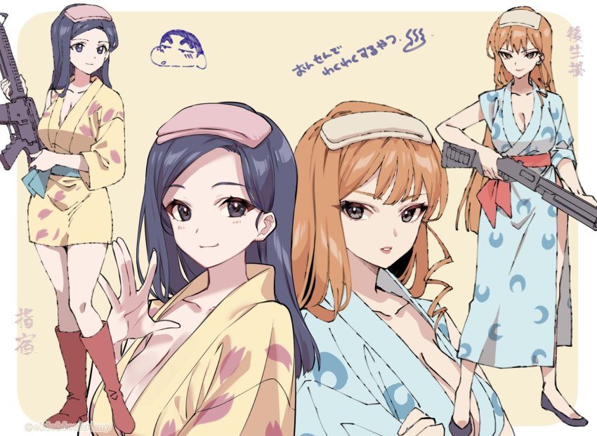 2girls, assault_rifle, asymmetrical_hair, black_eyes, black_footwear, black_hair, blue_kimono, blush, boots, breasts, character_name, cleavage, closed_mouth, collarbone, commentary, crayon_shin-chan, crayon_shin-chan:_bakuhatsu!_onsen_wakuwaku_daikessen, crescent_print, drill_hair, full_body, goshogake_(crayon_shin-chan), goshougake, gun, highres, holding, holding_gun, holding_weapon, ibusuki_(crayon_shin-chan), japanese_clothes, kimono, lips, lipstick, long_hair, looking_at_viewer, makeup, medium_breasts, multiple_girls, multiple_views, nohara_shinnosuke, orange_hair, petal_print, red_footwear, red_lips, rifle, shoes, short_kimono, shotgun, shuri_(84k), side-by-side, side_drill, side_slit, simple_background, smile, standing, straight_hair, towel, towel_on_head, translated, waving, weapon, yellow_background, yellow_kimono