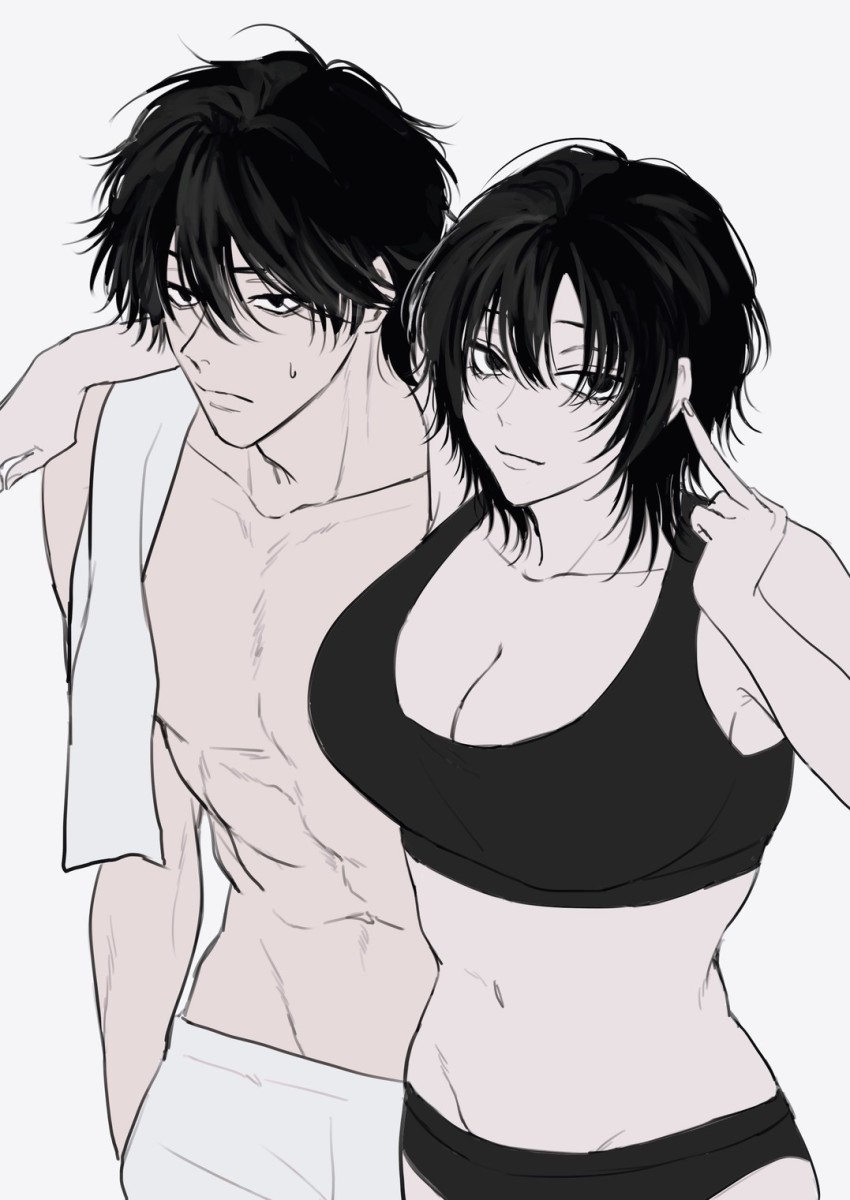 1boy, 1girl, arm_around_shoulder, black_bra, black_eyes, black_hair, black_panties, bra