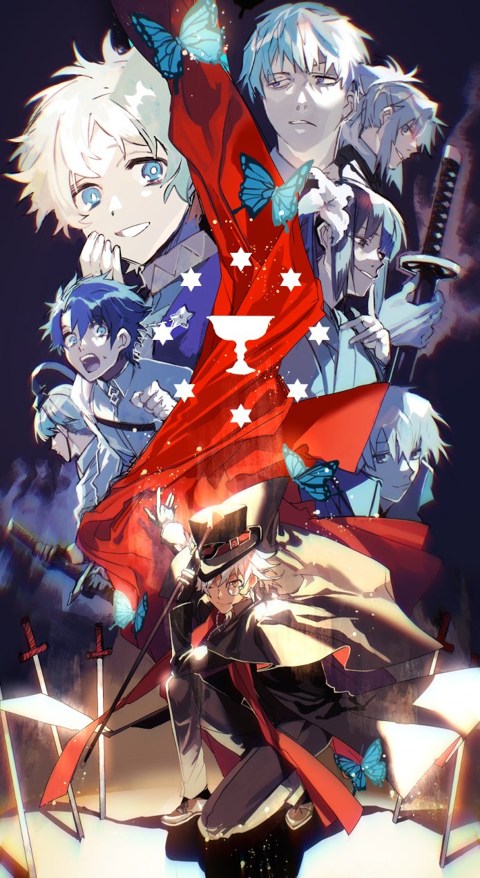 amakusa_shirou_(fate), amakusa_shirou_(phantom_thief)_(fate), black_keys_(type-moon), bug, butterfly, cape, charles-henri_sanson_(fate), dark-skinned_male