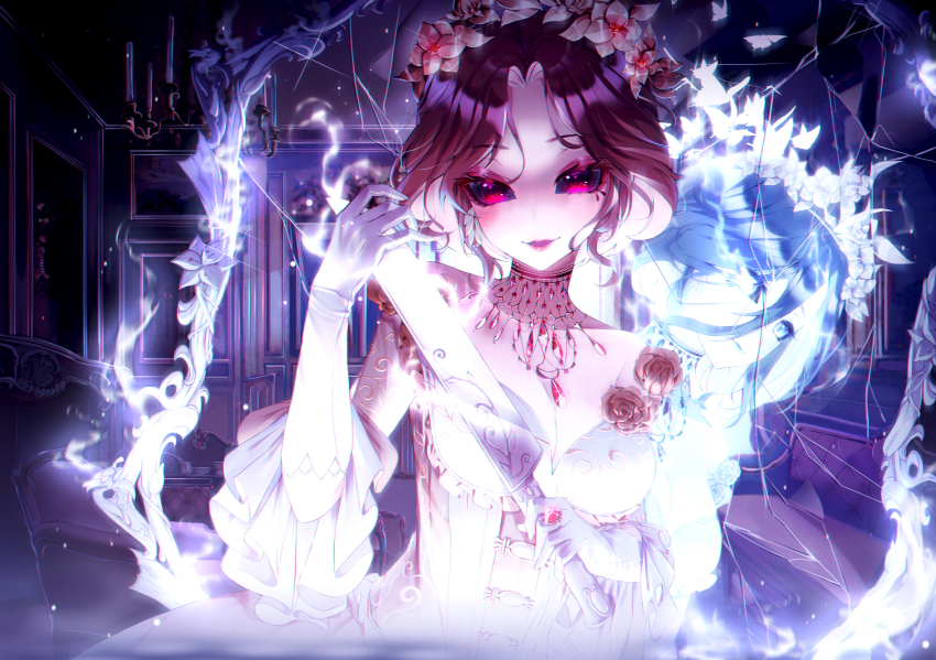 2girls, absurdres, alternate_costume, bad_id, bad_pixiv_id, bare_shoulders, blank_eyes, breasts, brown_hair, dress, elbow_gloves, eumi_114, flower, ghost, gloves, hair_flower, hair_ornament, head_wreath, highres, holding, holding_knife, identity_v, jewelry, knife, looking_at_viewer, mary_(bloodbath)_(identity_v), mary_(identity_v), medium_breasts, multiple_girls, necklace, official_alternate_costume, parted_bangs, parted_lips, purple_eyes, ring, rose, short_hair, smile, solo, white_gloves