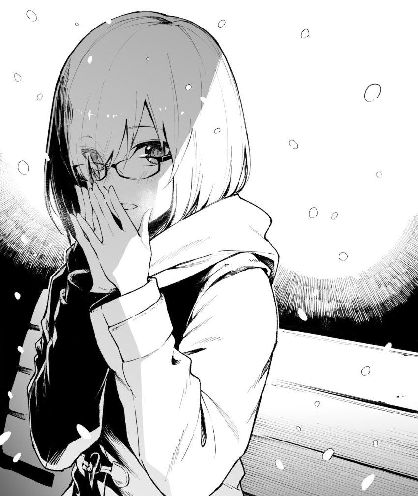 1girl, bad_id, bad_twitter_id, bench, blush, breath, coat, eyes_visible_through_hair