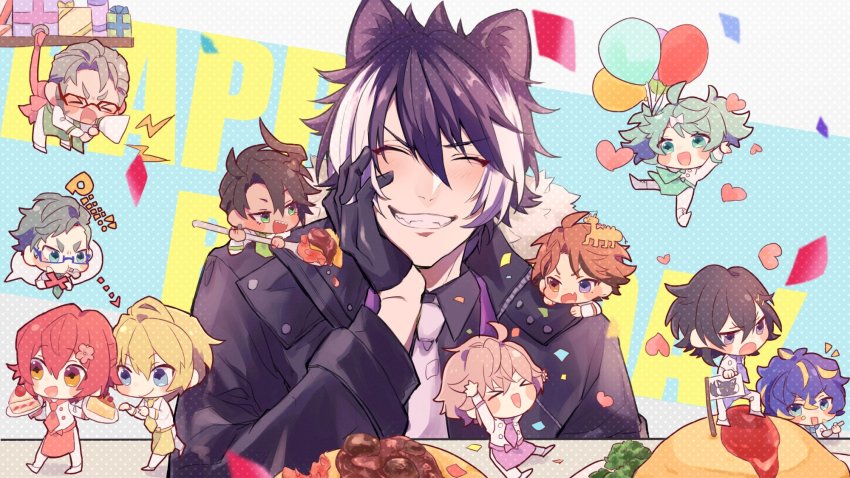 >_<, 6+boys, animal_ears, aragami_oga, arurandeisu, astel_leda, balloon, black_gloves, black_hair, blonde_hair, blue_eyes, blue_hair, blush, blush_stickers, chibi, closed_eyes, daidou_shinove, fangs, food, glasses, gloves, green_eyes, green_hair, grey_hair, grin, hanasaki_miyabi, hand_on_own_face, heterochromia, highres, holostars, horns, jackal_ears, jinra_(mkzk_116), kagami_kira, kageyama_shien, kanade_izuru, kishido_temma, male_focus, mini_person, miniboy, mole, mole_under_eye, multicolored_hair, multiple_boys, omelet, omurice, orange_eyes, orange_hair, purple_eyes, rikka_(holostars), short_hair, single_horn, smile, streaked_hair, trap, two_side_up, virtual_youtuber, white_hair, yukoku_roberu