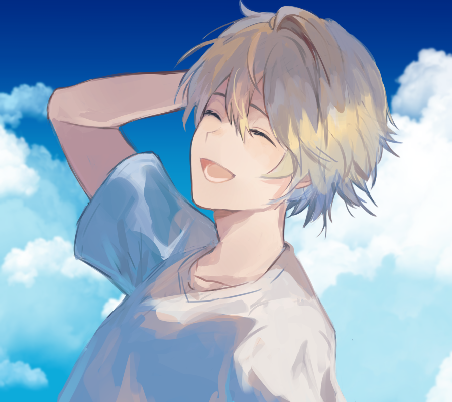 1boy, ^_^, arm_up, blonde_hair, blue_sky, closed_eyes, cloud, doodle