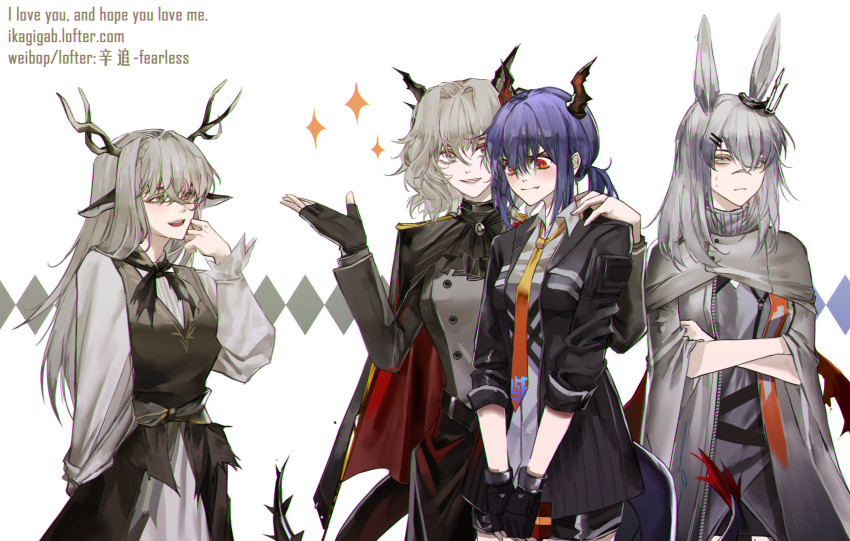 4girls, absurdres, alina_(arknights), animal_ears, antlers, arknights, blue_hair, blush, ch'en_(arknights), closed_eyes, coat, crossed_arms, deer_antlers, deer_ears, dragon_girl, dragon_horns, dragon_tail, embarrassed, fingerless_gloves, frostnova_(arknights), gloves, grey_eyes, grey_hair, hair_over_one_eye, highres, horns, ikag, jacket, long_hair, looking_at_another, looking_down, military, military_uniform, multiple_girls, necktie, rabbit_ears, red_eyes, scar, scar_on_face, shorts, sparkle, spoilers, sweatdrop, tail, talulah_(arknights), talulah_the_fighter_(arknights), turtleneck