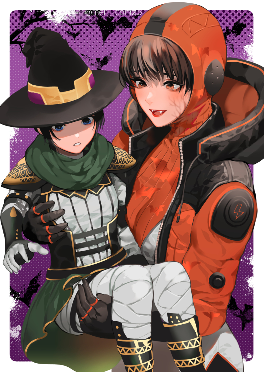 2girls, aged_down, animification, apex_legends, black_gloves, black_hair, black_headwear, blue_eyes, bodysuit, carrying, emerald_enchantress_wraith, fangs, gloves, green_scarf, hat, highres, holding_person, hood, hood_up, hooded_bodysuit, jacket, looking_down, meriko, multiple_girls, open_hand, open_mouth, orange_eyes, orange_jacket, orange_sweater, parted_lips, princess_carry, ribbed_sweater, scarf, surprised, sweater, wattson_(apex_legends), white_bodysuit, winged_menace_wattson, witch_hat, wraith_(apex_legends)