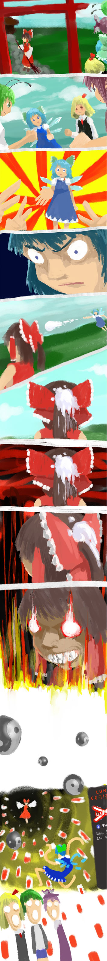 5girls, absurdres, blonde_hair, bullet_time, cirno, comic, danmaku, hakurei_reimu