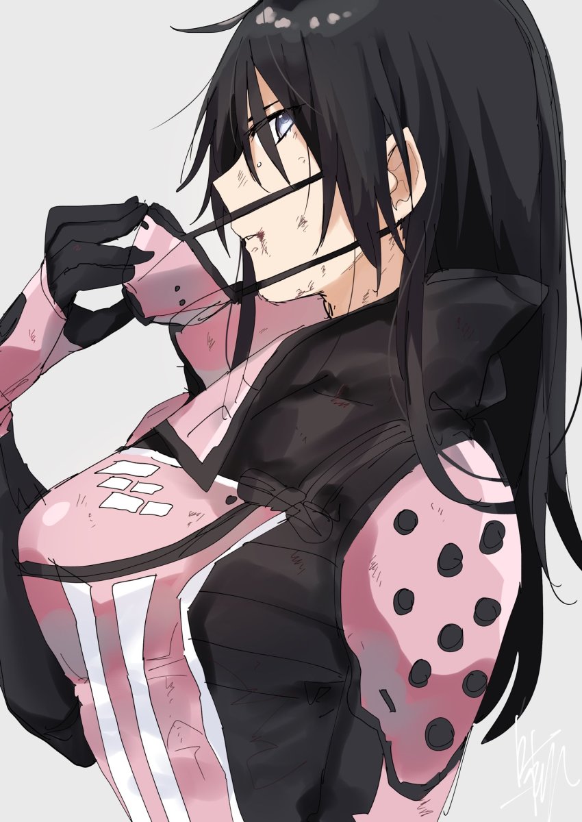 1girl, alternate_hairstyle, animification, apex_legends, black_hair, blood, blood_from_mouth, bodysuit, breasts, from_side, grey_background, grey_eyes, hair_behind_ear, highres, long_hair, looking_to_the_side, mask, mask_pull, medium_breasts, mouth_mask, pink_mask, shirasu_uni, solo, void_specialist_wraith, wraith_(apex_legends)
