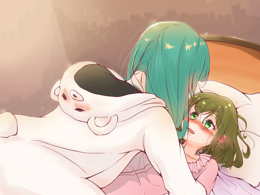 2girls, absurdres, animal_costume, bear_costume, blush, fina_(kuma_kuma_kuma_bear), girl_on_top, green_eyes