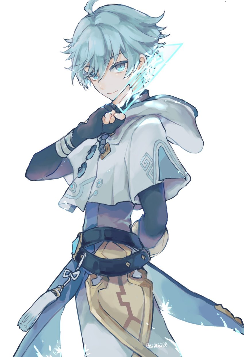 1boy, ahoge, aqua_eyes, aqua_hair, arm_behind_back, bandaged_arm, bandages, belt