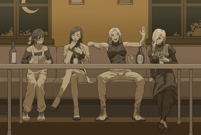 4girls, blouse, braid, braided_bangs, braided_ponytail, crossed_legs, dress, drinking, hejia_abby, high_heels, highres, ieiri_shoko, iori_utahime, jujutsu_kaisen, legs_together, mei_mei_(jujutsu_kaisen), multiple_girls, night, overalls, shirt, sleeveless, sleeveless_shirt, smile, smoking, spread_legs, table, talking, tsukumo_yuki_(jujutsu_kaisen)