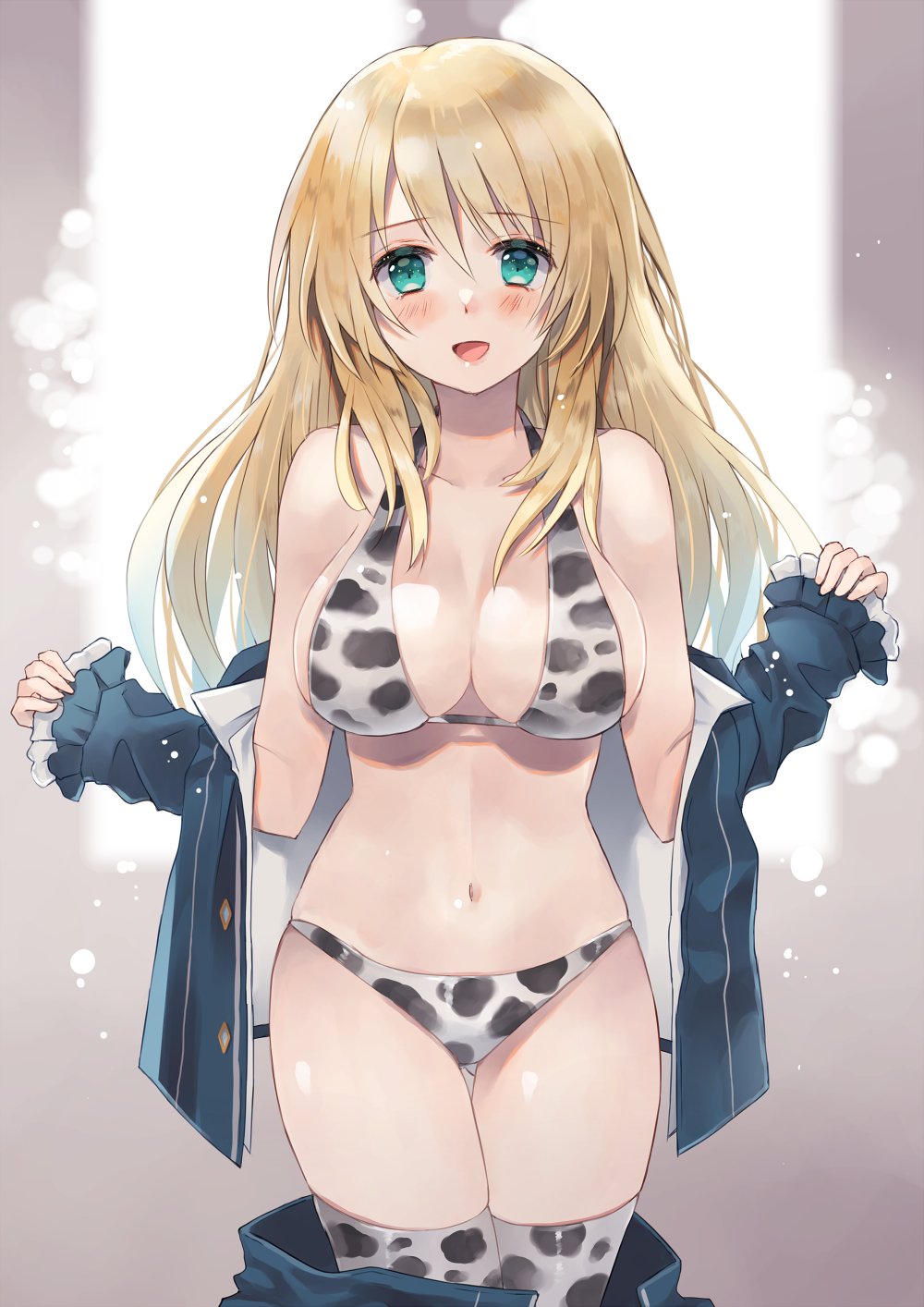 1girl, animal_print, atago_(kancolle), bikini, blonde_hair, blue_eyes, blue_jacket, blush